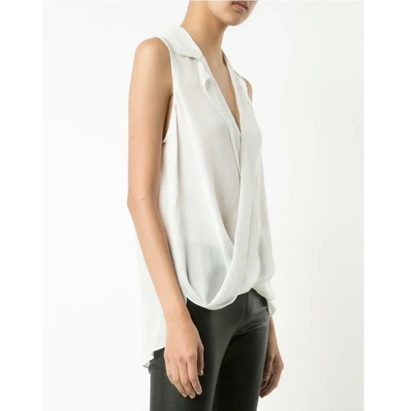 L'AGENCE Freja Ivory White Sleeveless Draped Silk Blouse Size L NWT